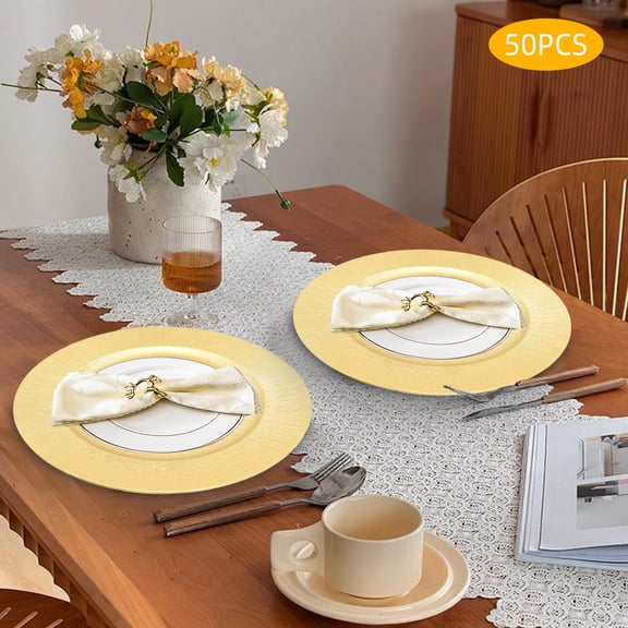 SENDERPICK Set of 50 Gold Charger Plates 12.99 Inch Disposable Plastic Party Trays for Weddings, Events