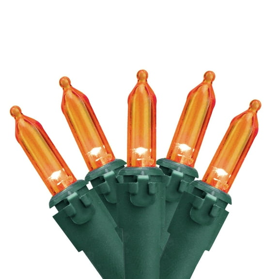 Set of 50 Orange LED Mini Christmas Lights 4" Spacing - Green Wire