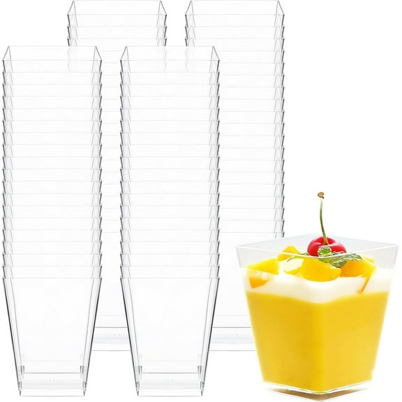 Set of 50 Pcs Clear Mini Puddings Cups,2 oz Small Plastic Square Tumbler Serving Cups for Tasting Party Appetizers,Fruit,Ice Cream(2x1x1.8In)