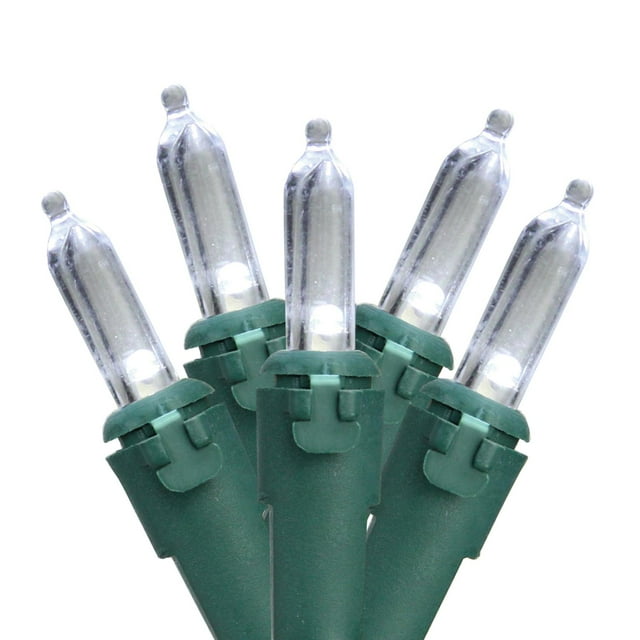 Set of 50 Pure White LED Mini Christmas Lights 4" Spacing Green Wire