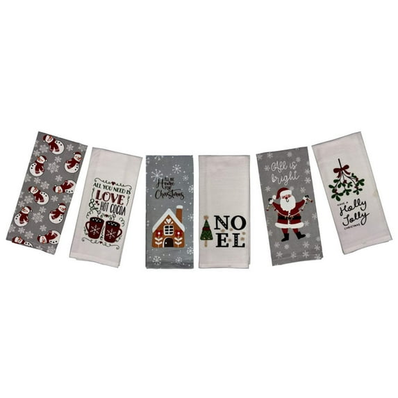 Set of 6, 100% Cotton Assorted Funny Christmas Kitchen Towels with Sentiment on White Linen Vintage Saying Tea Towels/Kitchen Towel Size: 15” x 25".