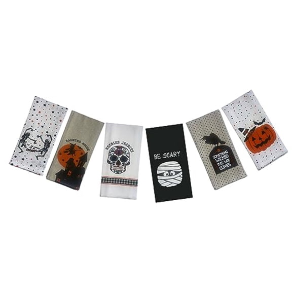 Set of 6, 100% Cotton Halloween Kitchen Towels, Haunted House, Heebies Jeebies, Something Wicked This Way Comes Size: 15” x 25”.