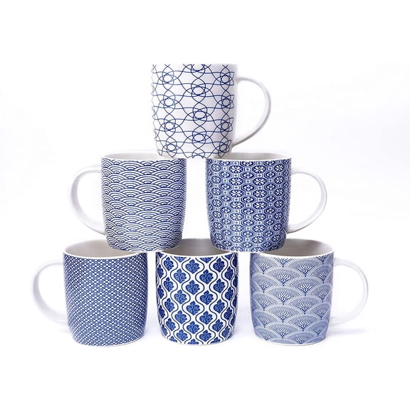 Set of 6 11.5 oz Coffee Mugs with Blue and White Geometric Patterns, Ceramic Tea Cup Set