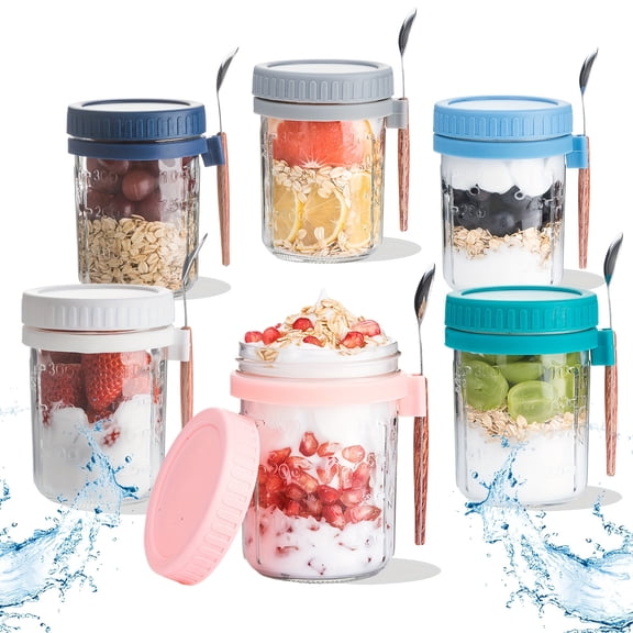 Set of 6 16oz Mason Jars for Overnight Oats with Lids & Spoons, Glass Containers for Yogurt, Meal Prep, Chia Pudding, Salads & Fruits