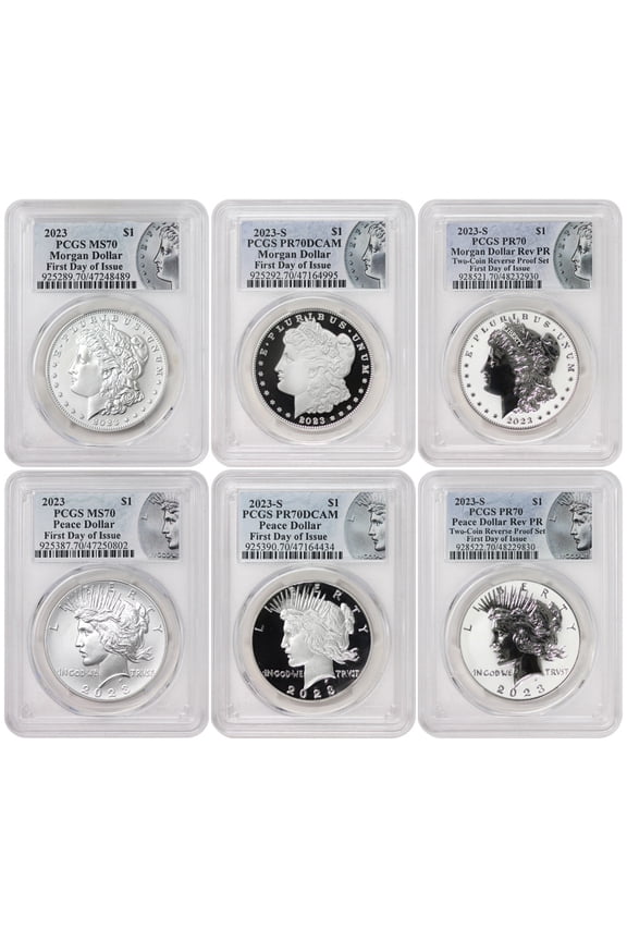 Set of 6 2023 $1 Silver Morgan & Peace PCGS MS70, PR70 Deep Cameo, Rev PR70 First Day of Issue with Original Government Packaging U.S. Mint Coin