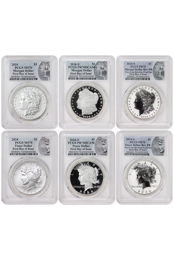 Set of 6 2024 $1 Silver Morgan & Peace Dollars PCGS MS70, PR70DCAM, PR70 First Day of Issue w/ Box and CoA U.S. Mint Coins