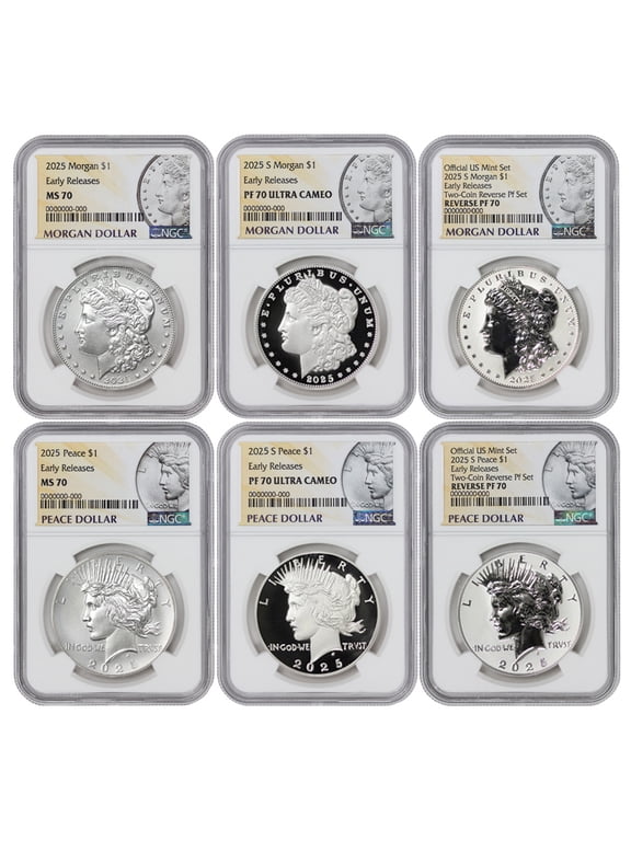 Set of 6 2025 $1 Silver Morgan & Peace NGC MS70, PF70 Ultra Cameo, Rev PF70 Early Releases with Original Government Packaging U.S. Mint Coin