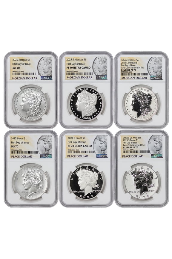 Set of 6 2025 $1 Silver Morgan & Peace NGC MS70, PF70 Ultra Cameo, Rev PF70 First Day of Issue with Original Government Packaging U.S. Mint Coin