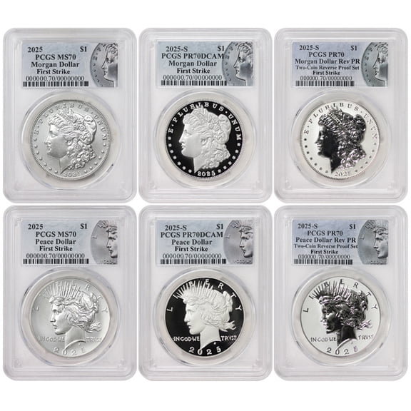 Set of 6 2025 $1 Silver Morgan & Peace PCGS MS70, PR70 Deep Cameo, Rev PR70 First Strike with Original Government Packaging U.S. Mint Coin