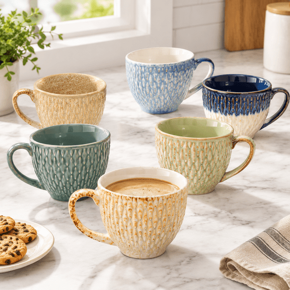 Set of 6 6.8oz Ceramic Coffee Mugs, Six Colors, Stackable for Latte, Tea, Cappuccino, Dishwasher and Microwave Safe