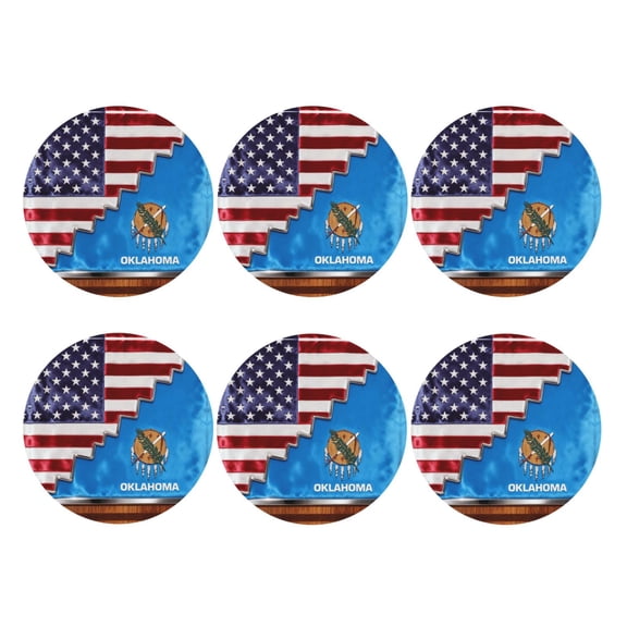 Set of 6 America Oklahoma Flag Drink Coasters for Coffee Table Leather Coaster for Decor Housewarming Round Shape
