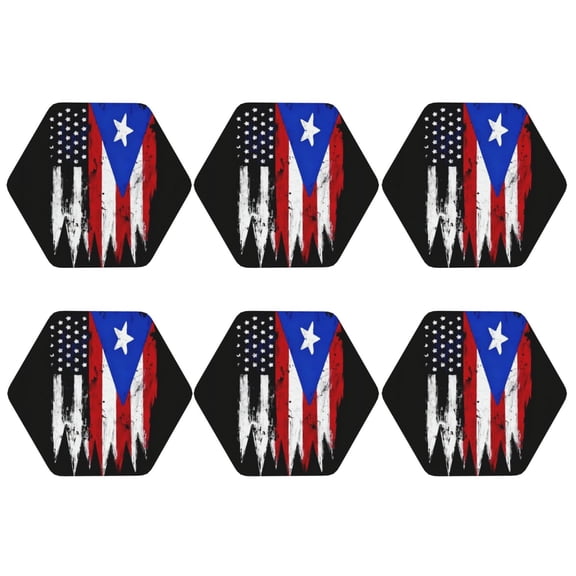 Set of 6 America Puerto-Rico Flag Drink Coasters for Coffee Table Leather Coaster for Decor Housewarming Hexagon