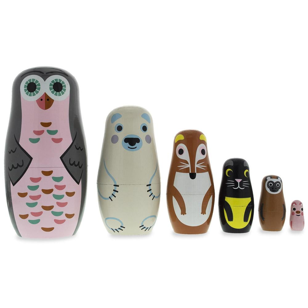Set of 6 Animals Wooden Nesting Dolls Owl Bear Fox Cat Monkey