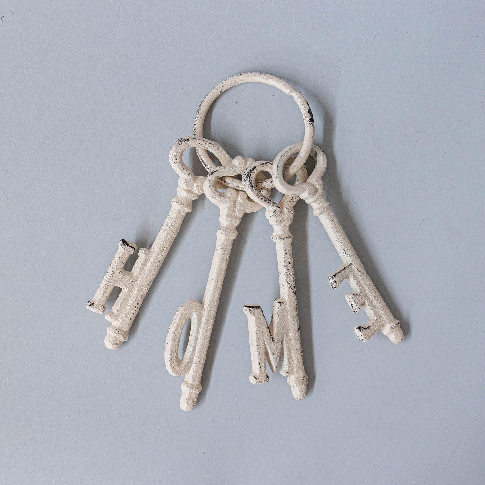 Set of 6 Antique White Cast Iron Keys Spelling Home On Ring Decoration ...
