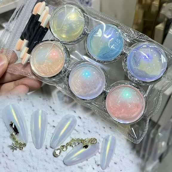 Set of 6 Aurora Mermaid Holographic Chameleon Chrome Nail Powders, Fine Glitter Pigment Dust for DIY Nail Art & Supplies