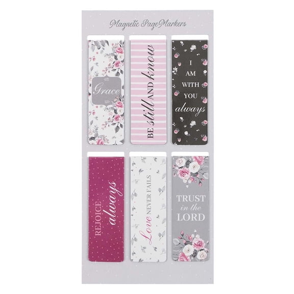 Set of 6 Beloved Scripture Favorites w/Pink Roses Inspirational Magnetic Bible Verse Bookmark with Scripture, Size Small 2.3" x .75"
