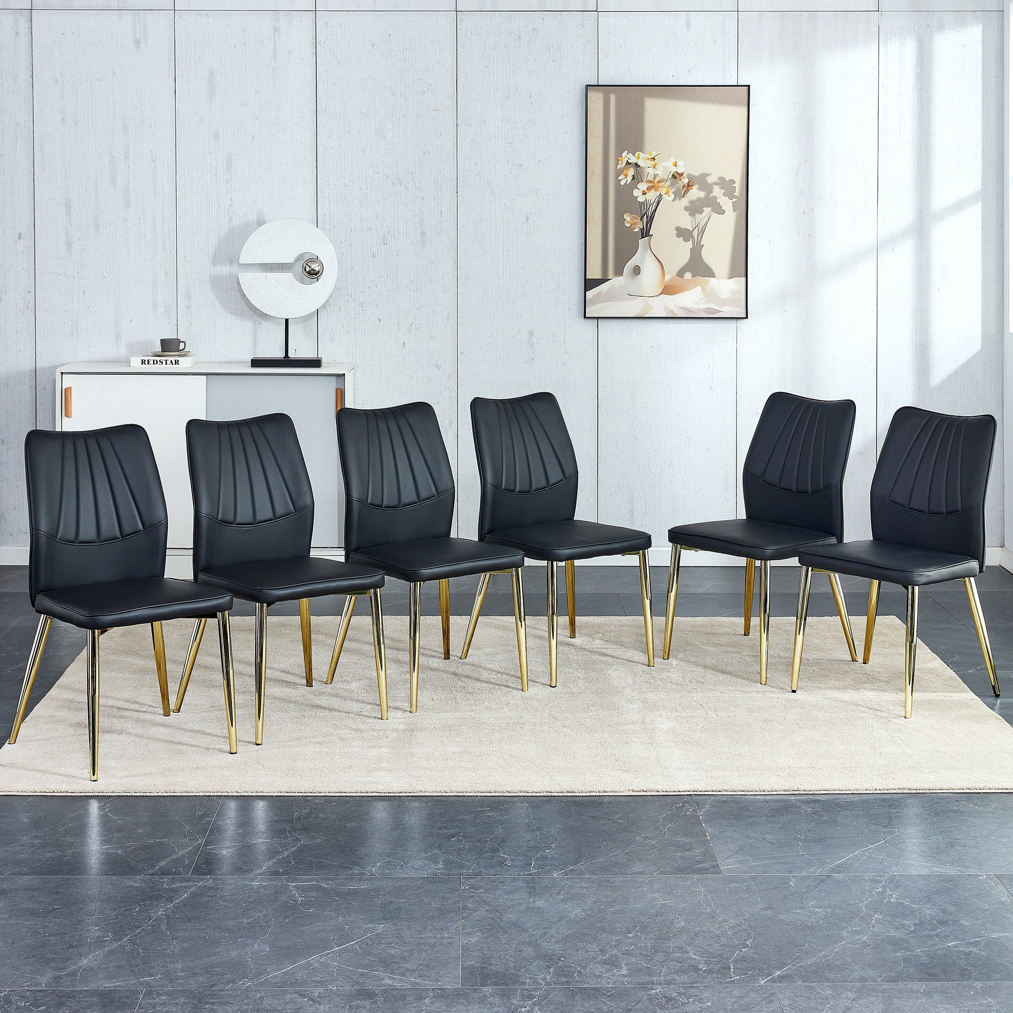 Set of 6 Black Dining Chairs with PU Cushions & Golden Metal Legs ...