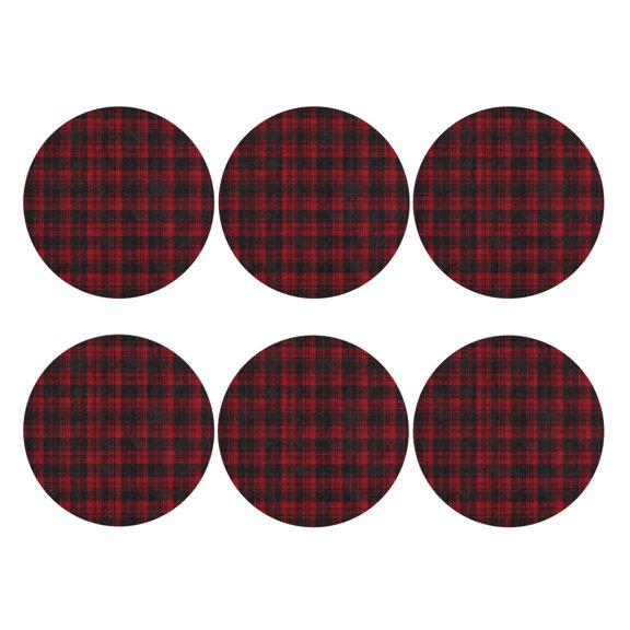 Set of 6 Black Red Tartan Drink Coasters for Coffee Table Leather Coaster for Decor Housewarming Round Shape