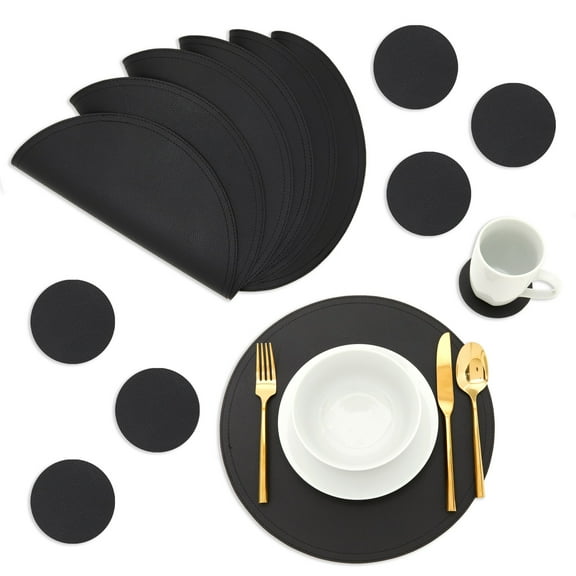 Juvale Round Vegan Leather Table Placemats & Coasters - Waterproof & Heat-Resistant Dining Table Decor - Easy Wipe-Clean Kitchen Decor - Durable Everyday Placemats - Black, 13.4", Set of 6