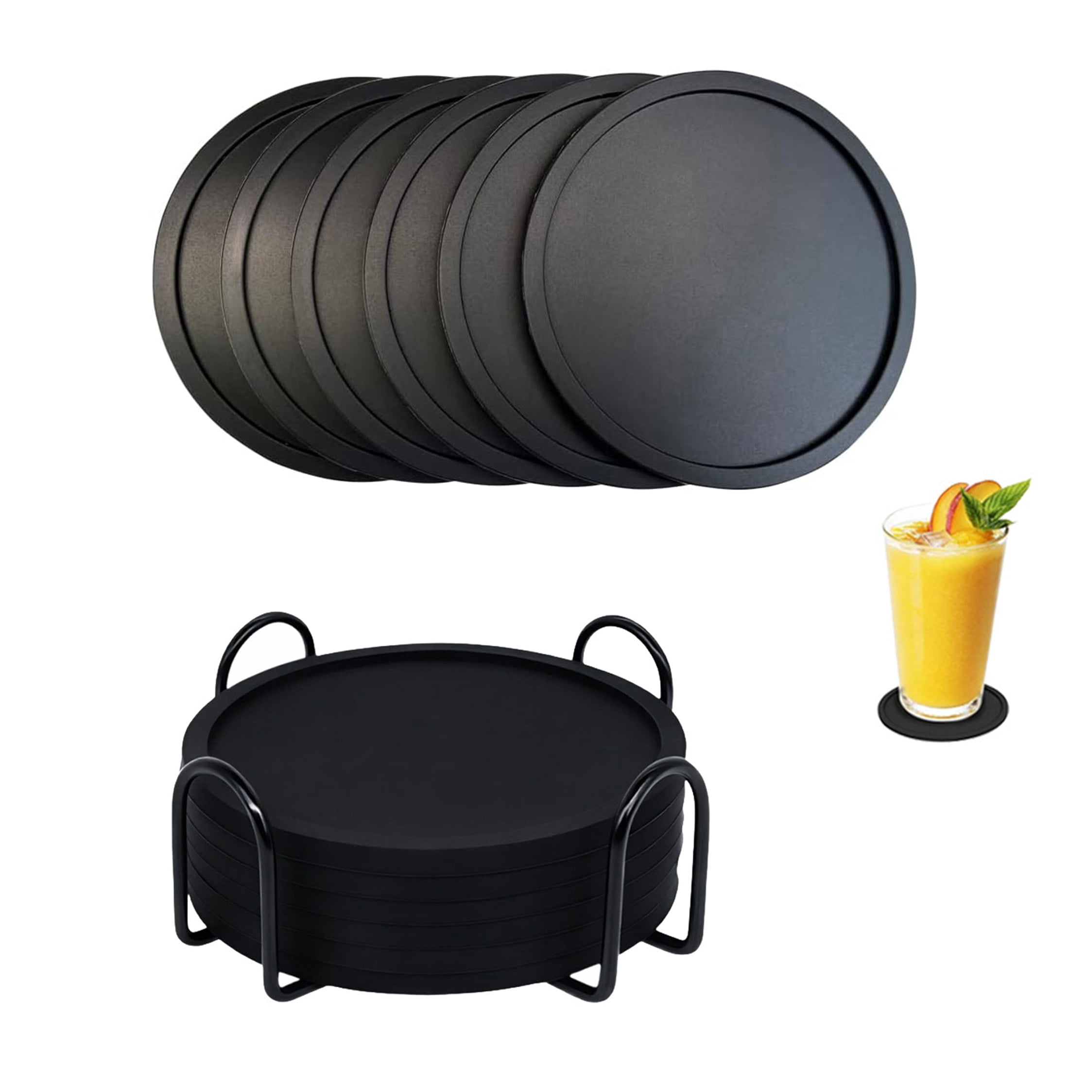 Set of 6 Black Silicone Coasters with Holder - Heat Resistant, Non-Slip ...