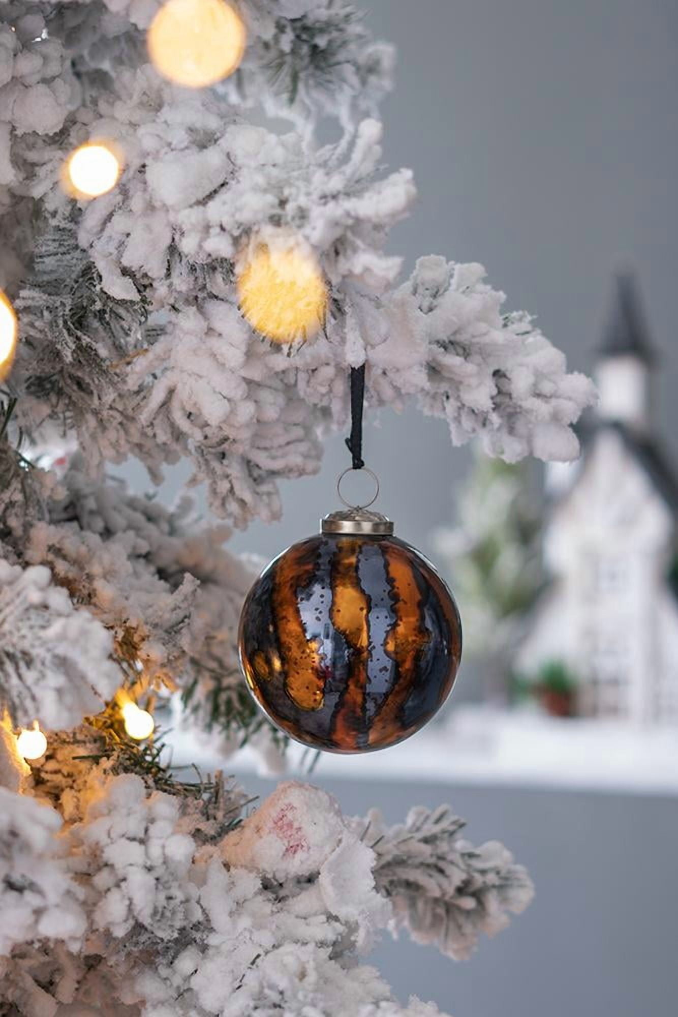 Set of 6 Black and Gold Glass Christmas Ball Ornaments Brass Cap Speckled Finish Tree Garland Decor