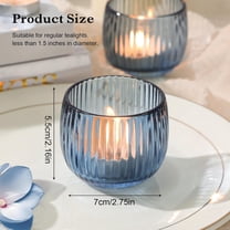 Set of 6 Blue Ribbed Glass Votive Candle Holders - Elegant Table Centerpieces for Weddings, , Parties, and Home Decor