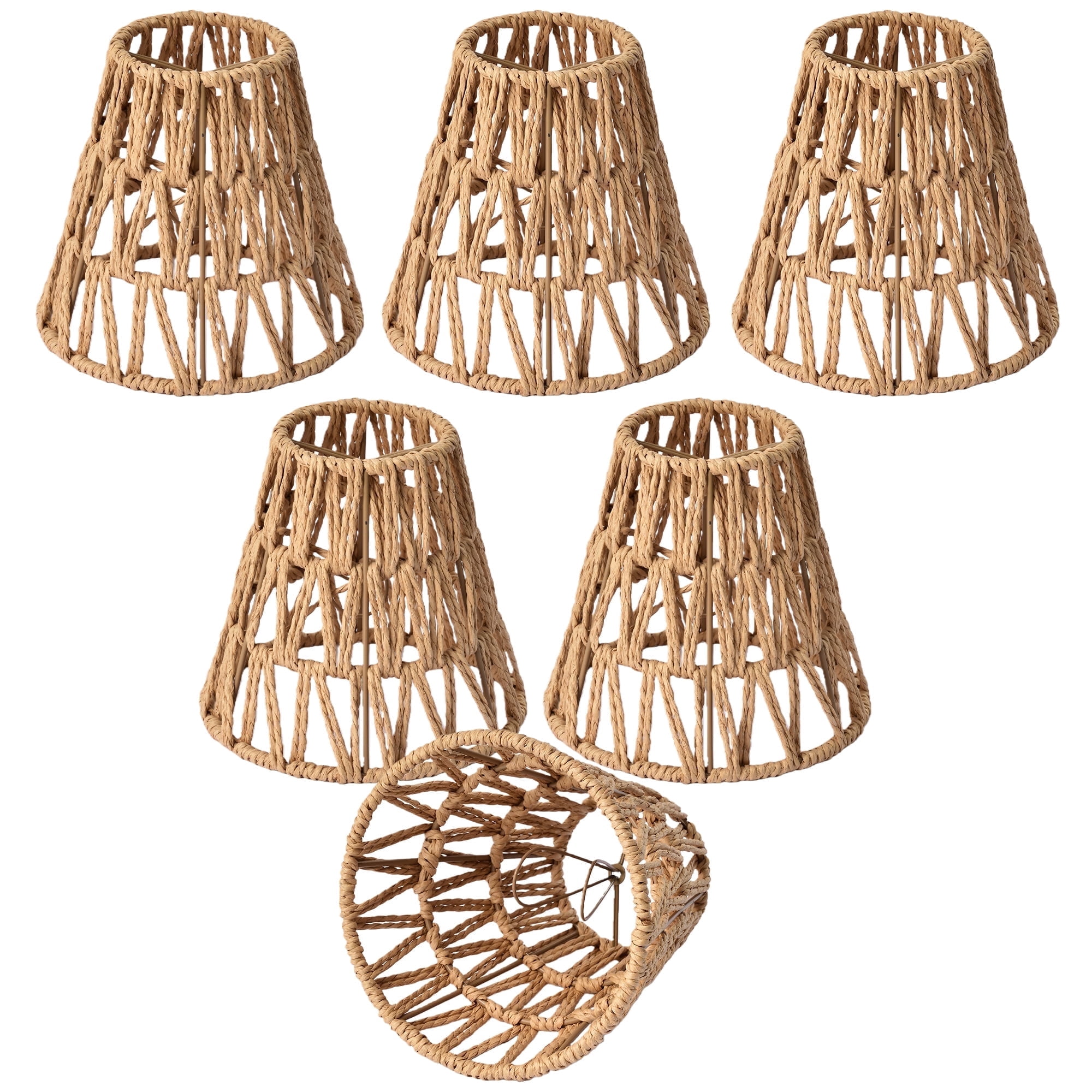 Set of 6 Boho Clip On Chandelier Shades, Mini Handwoven Rattan Style for E12 Bulbs, Natural Hemp Rope for Wall Sconce & Table Lamps