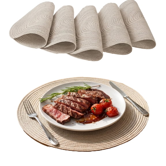 Set of 6 Braided Round Placemats - 15 Inch Heat Resistant Woven Table Mats with Anti-Skid Backing for Dining Table, Beige