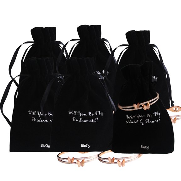 Set of 6 Bridal Party Proposal Pouch with Butterfly Bracelet - 5 Bridesmaids, 1 Maid of Honor - Black
