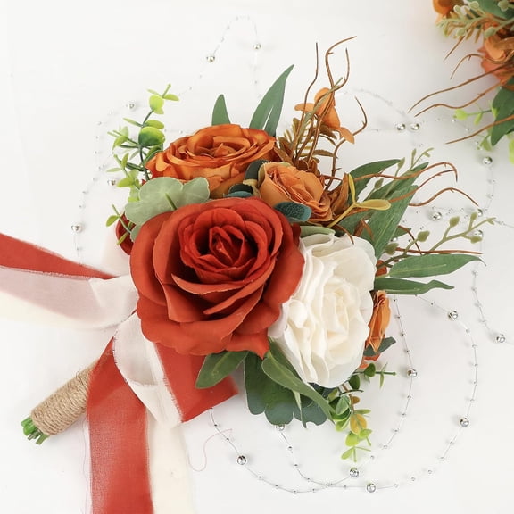 Set of 6 Bridesmaid Bouquets for Wedding - 9 Inch Artificial Flowers Bouquets for Ceremony Anniversary Centerpieces Decorations - Terracotta