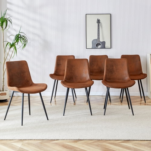 Set of 6 Brown Suede Dining Chairs with Black Metal Legs, Curved Wide Cushion, Modern Upholstered Comfortable Kitchen & Dining Room Chairs