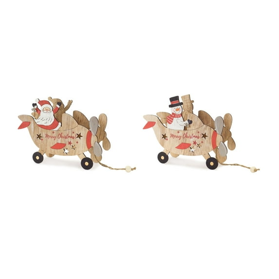 Set of 6 Brown and White Wood Cut-Out Santa and Snowman with Plane Ornament 11.75"