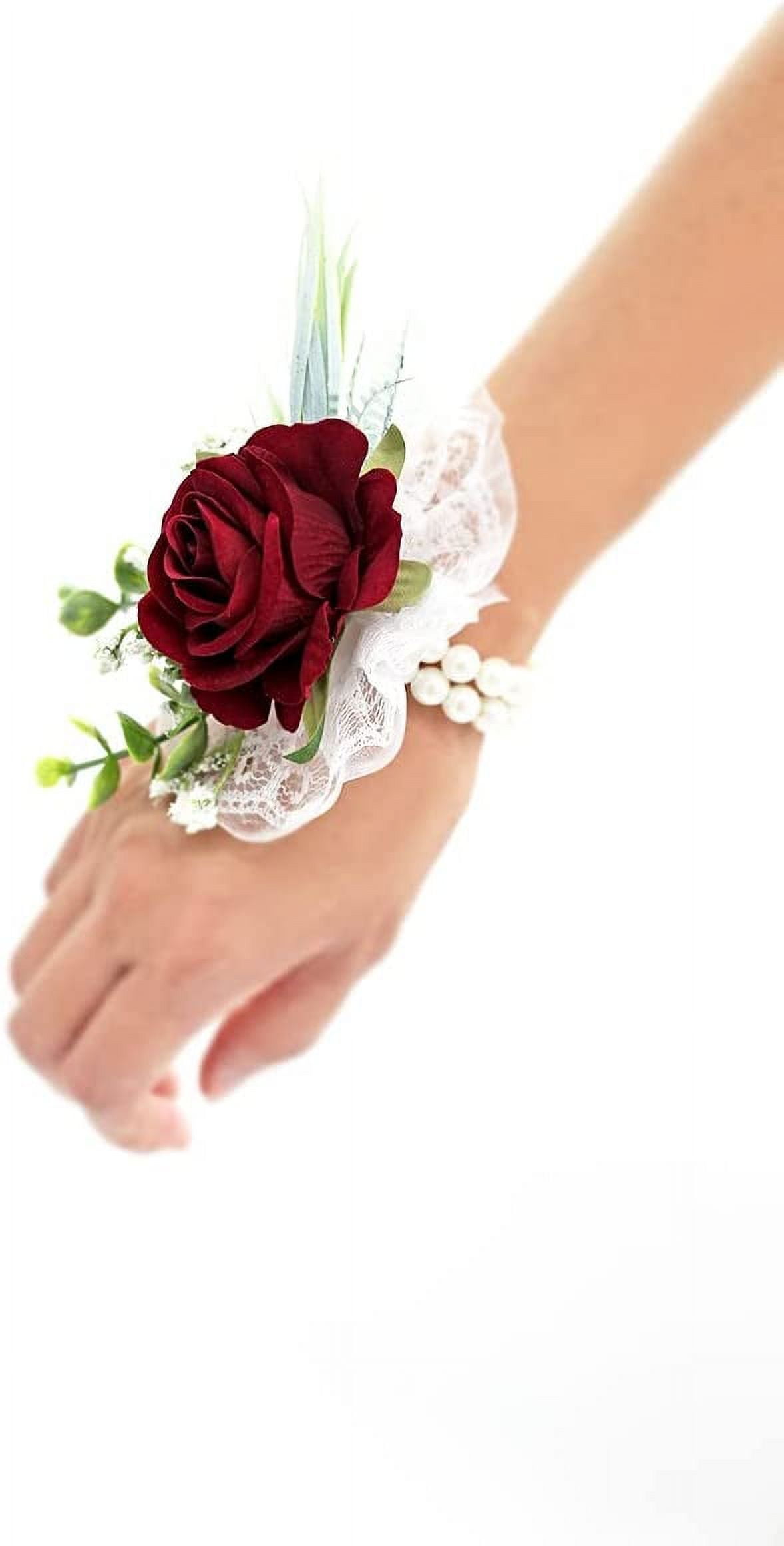 Campsis 2pcs Wedding Wrist Flower Wine Red Floral Wrist Corsage Bridal Rose Leaf Hand Flowers for Bride and Bridesmaid Festival Prom Engagement