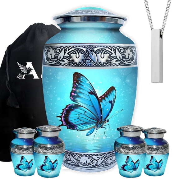 Set of 6 Butterfly Decorative Cremation Urns for Ashes for Women & Men Includes 1 Large Urn with 4 Small Keepsakes & 1 Necklace