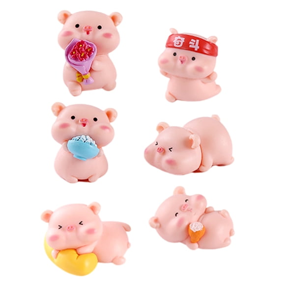 Set of 6 Cartoon Pigs Models Miniature Figurines for Interior Decoration Home Office or Car Dashboard Ornaments