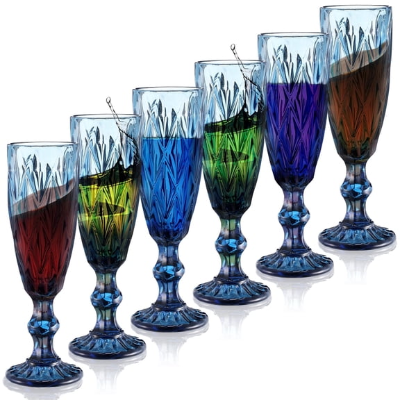 E-Greetshopping 6-Pack 5oz Blue Vintage Glass Champagne Goblet Set, Stemmed Wine Cups for Wedding, Party