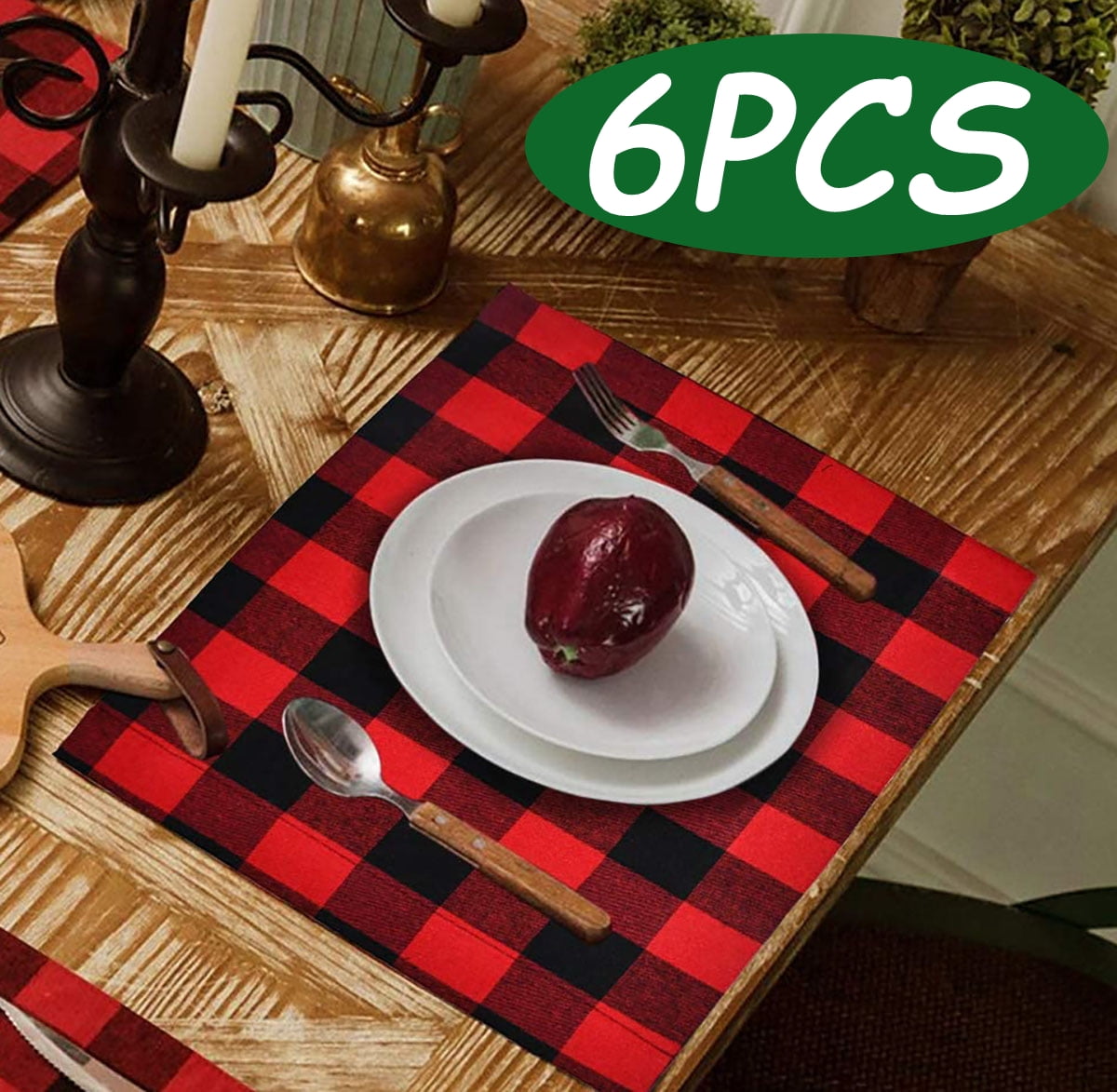 Set of 6 Christmas Placemats Red Black Buffalo Check Placemats Plaid Placemats Set for Christmas Holiday Farmhouse Table Home Decoration 6Pcs