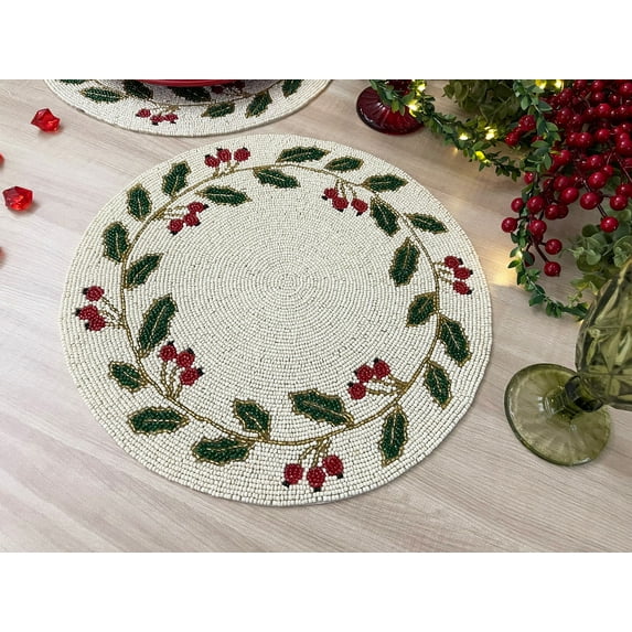 Set of 6, Christmas Special beaded placemat, 14 inch, gifts, holly berry design