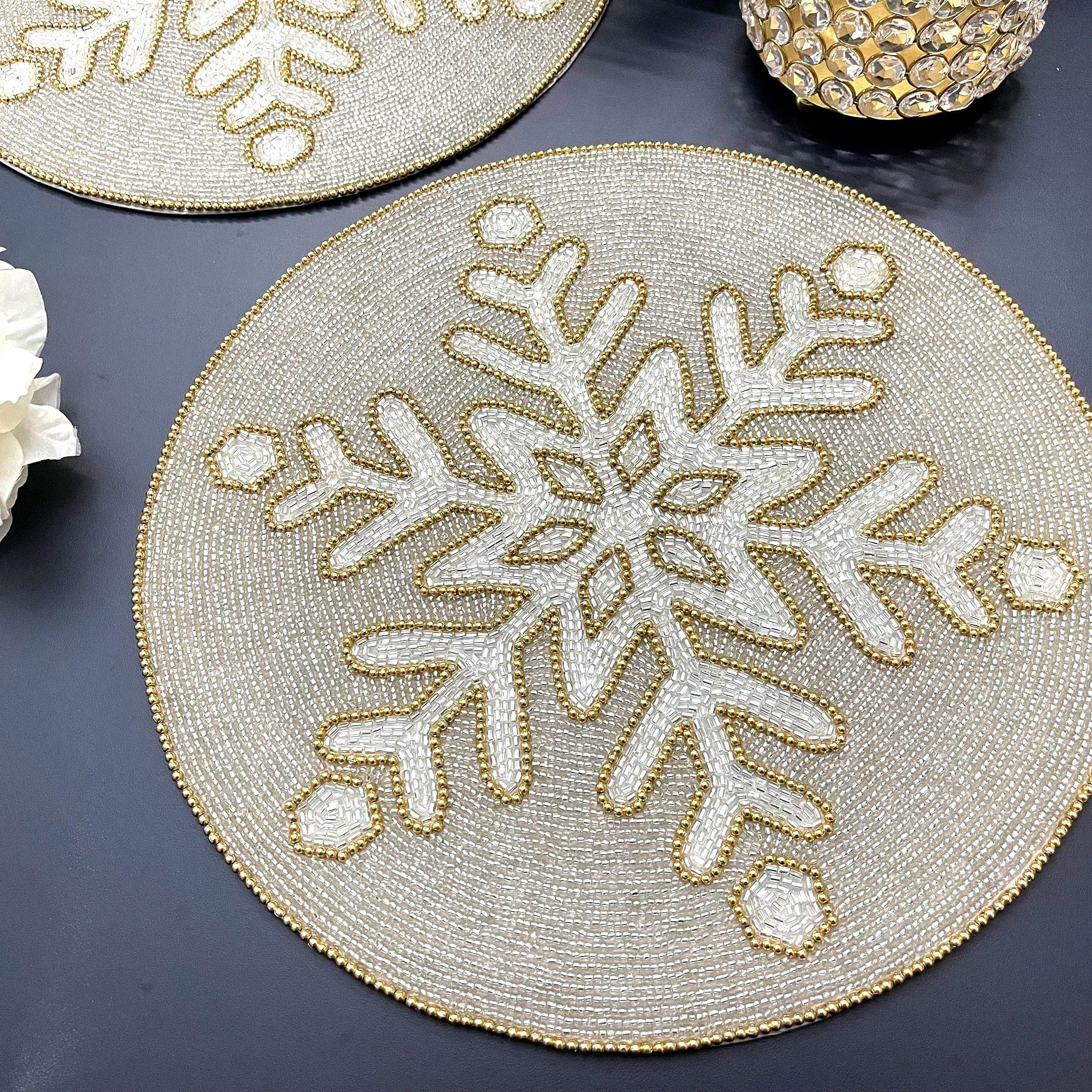 Set of 6, Christmas snowflakes placemat, handmade beaded, Silver and gold, 14inch