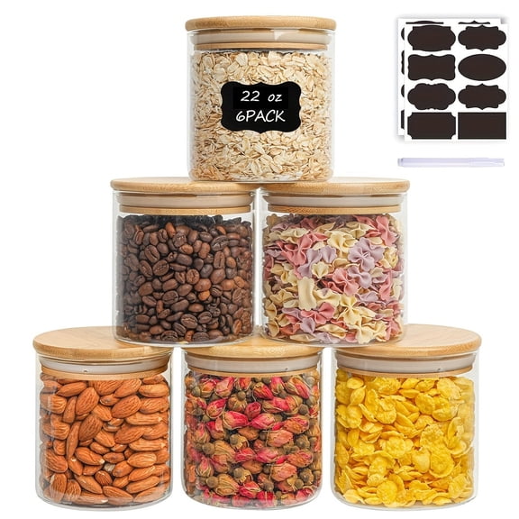 Set of 6 Clear Food Storage Jars 22oz Each with Airtight Lids, Kitchen Pantry Organizer Containers for Spices, Blooming Tea, Coffee, Sugar  Dry Goods