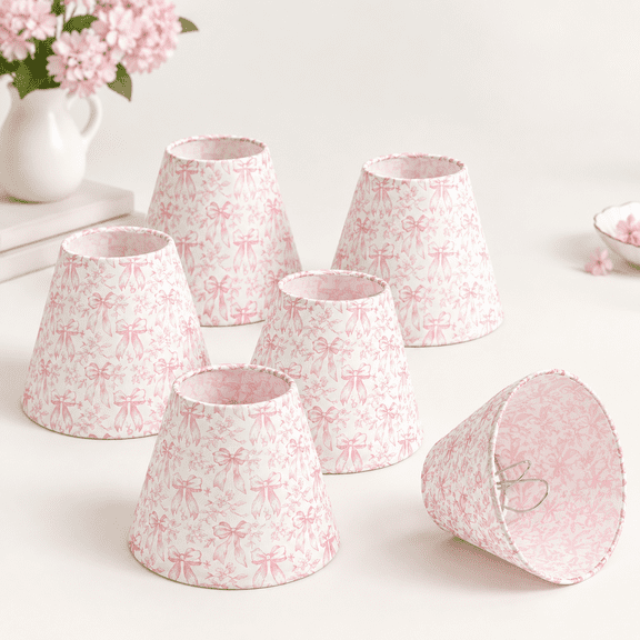 Set of 6 Clip-On Chandelier Lamp Shades, Pink Bow Toile Chinoiserie, 3" Top x 6" Bottom