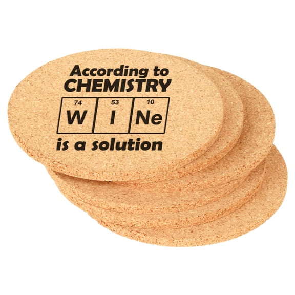 Set of 6 Cork Drink Coasters According to Chemistry Wine is A Solution Funny Geek Nerd (Round)