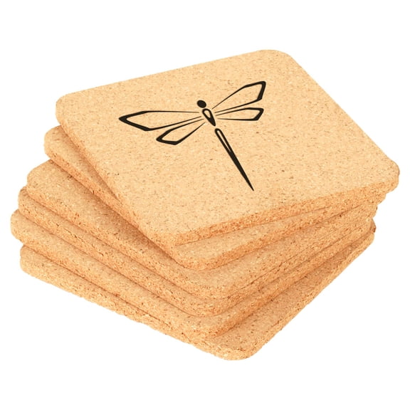 Set of 6 Cork Drink Coasters Dragonfly (Square)
