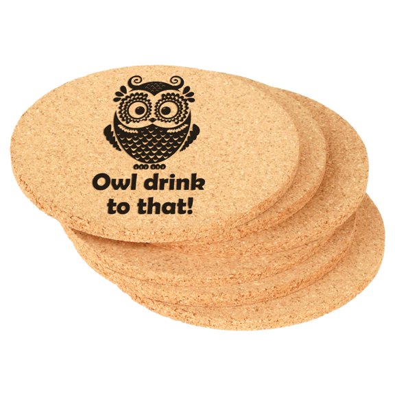 Set of 6 Cork Drink Coasters Owl Drink to That Funny (Round)