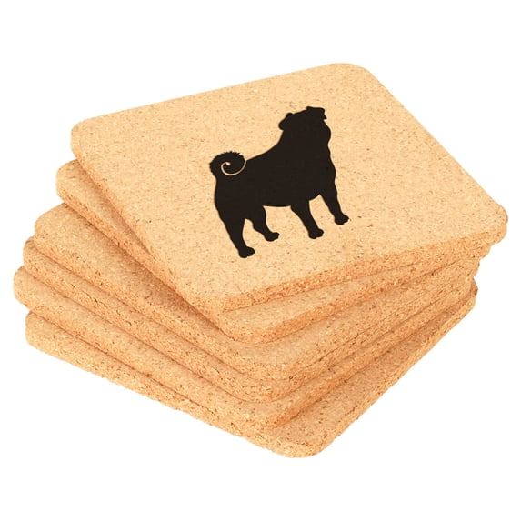 Set of 6 Cork Drink Coasters Pug (Square)