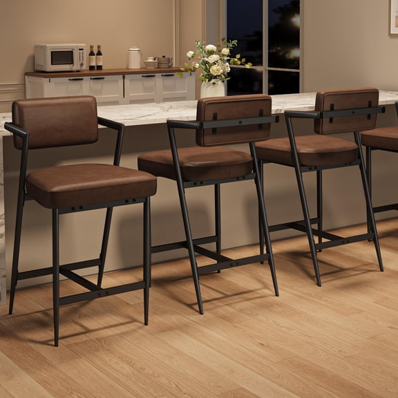 Set of 6 Counter Height Bar Stools with Armrests PU Leather and Metal Rustic Brown for Kitchen Island and Bar