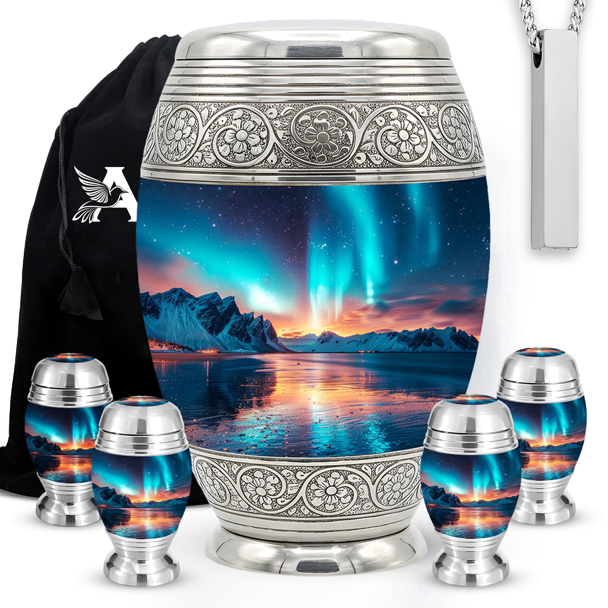 Set of 6 Cremation Urns for Human Ashes Includes 1 Large Urn with 4 Small Keepsakes & 1 Silver Necklace - Aroura Lake
