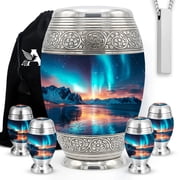 Set of 6 Cremation Urns for Human Ashes Includes 1 Large Urn with 4 Small Keepsakes & 1 Silver Necklace - Aroura Lake