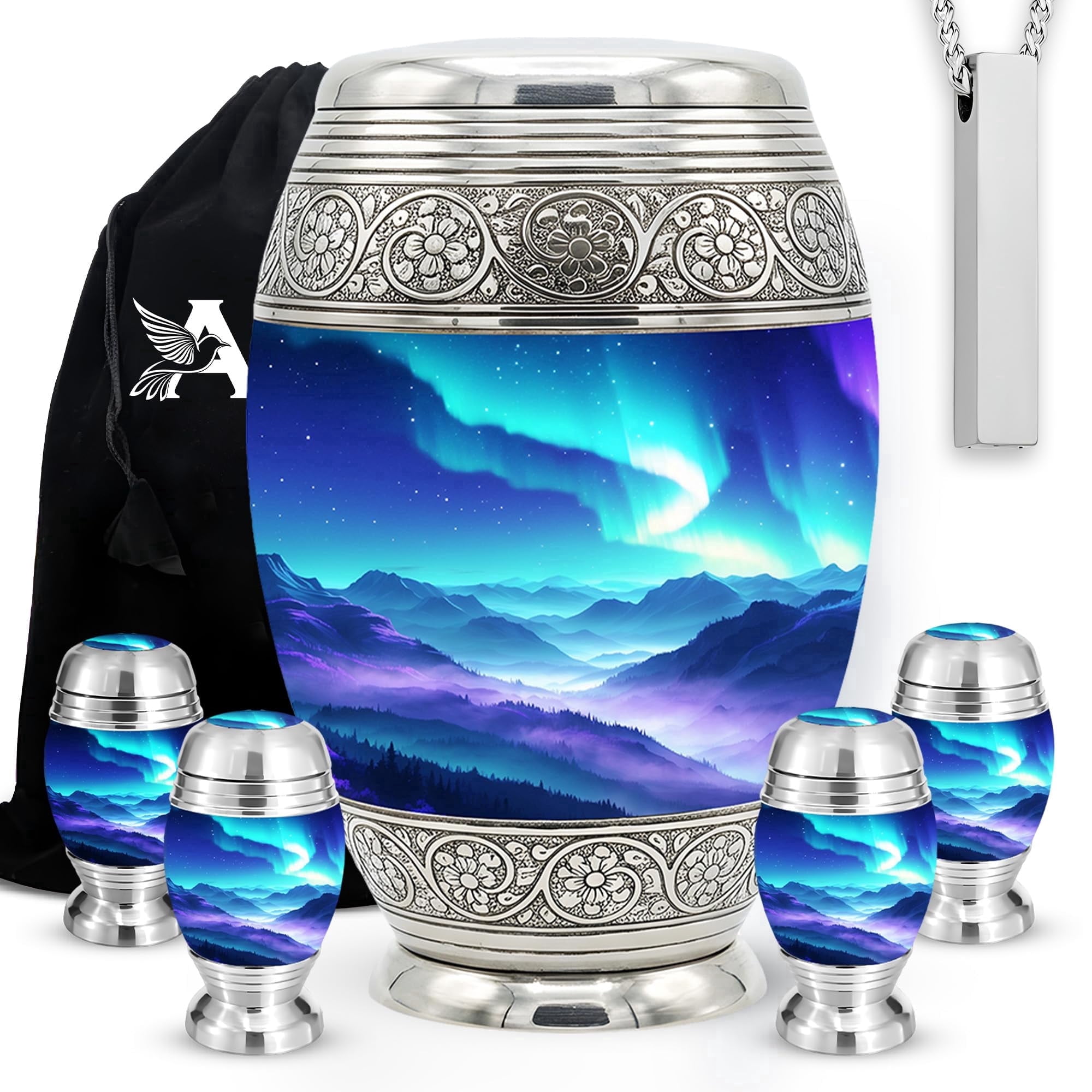 Set of 6 Cremation Urns for Human Ashes Includes 1 Large Urn with 4 Small Keepsakes & 1 Silver Necklace - Aurora Mountain