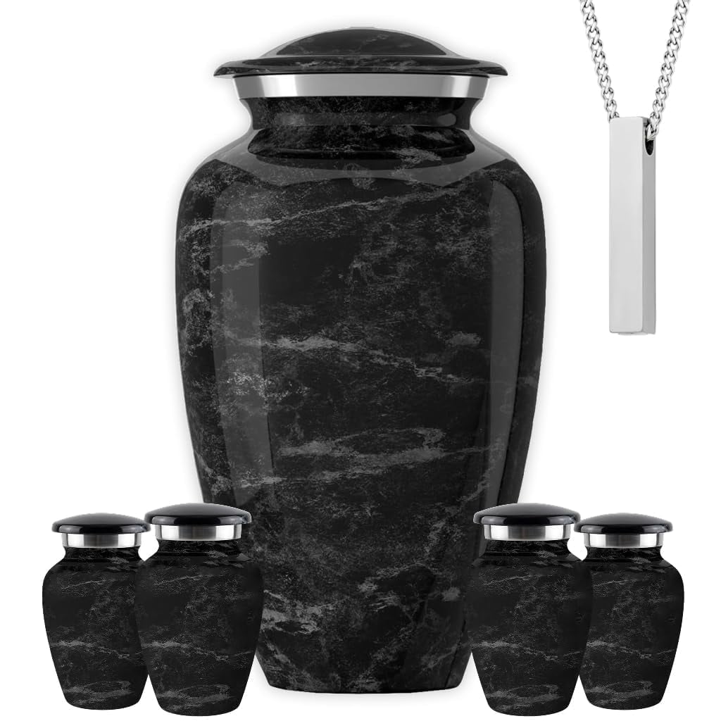 Set of 6 Cremation Urns for Human Ashes Includes 1 Large Urn with 4 Small Keepsakes & 1 Silver Necklace - Black Marble